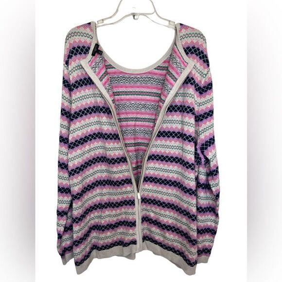 Talbots Ivory/Pink Multi Long Sleeve Argyle/Fair Isle Full Back Zip Sweater 3X - Picture 3 of 9